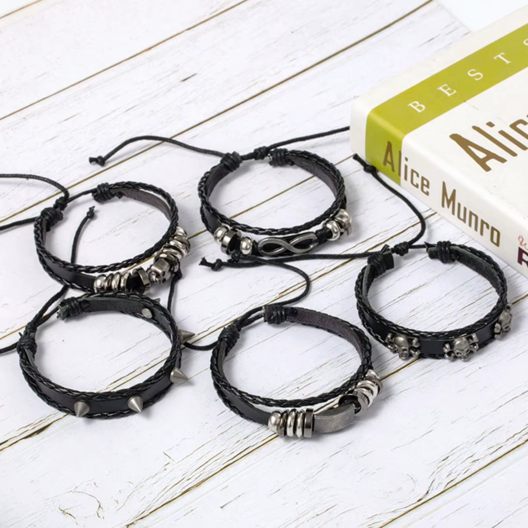 Pulseiras Punk em Couro - 5 Unidades
