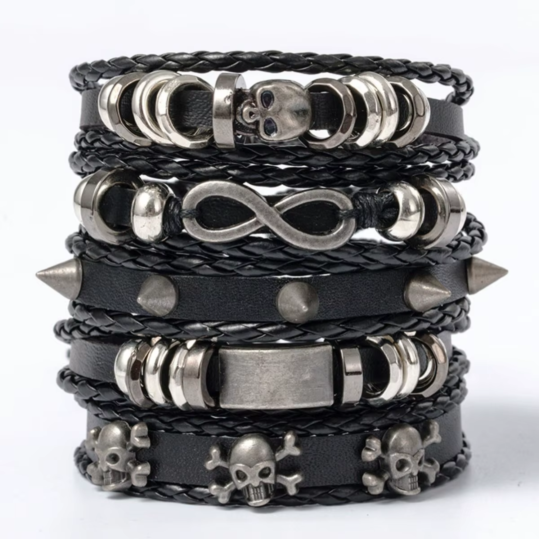 Pulseiras Punk em Couro - 5 Unidades