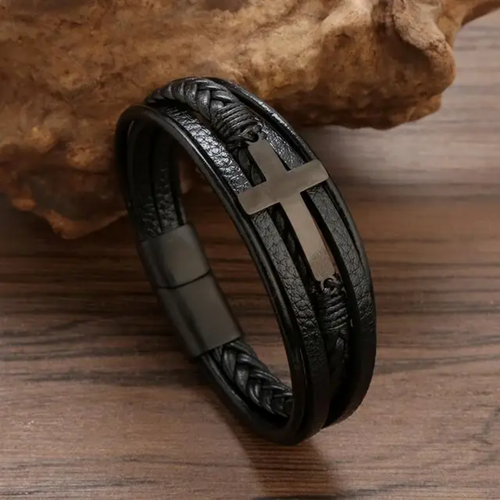 Pulseira Crucifixo em Couro 