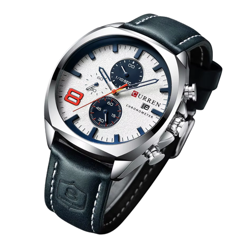 Curren Master Couro Legítimo Azul e Branco 44mm