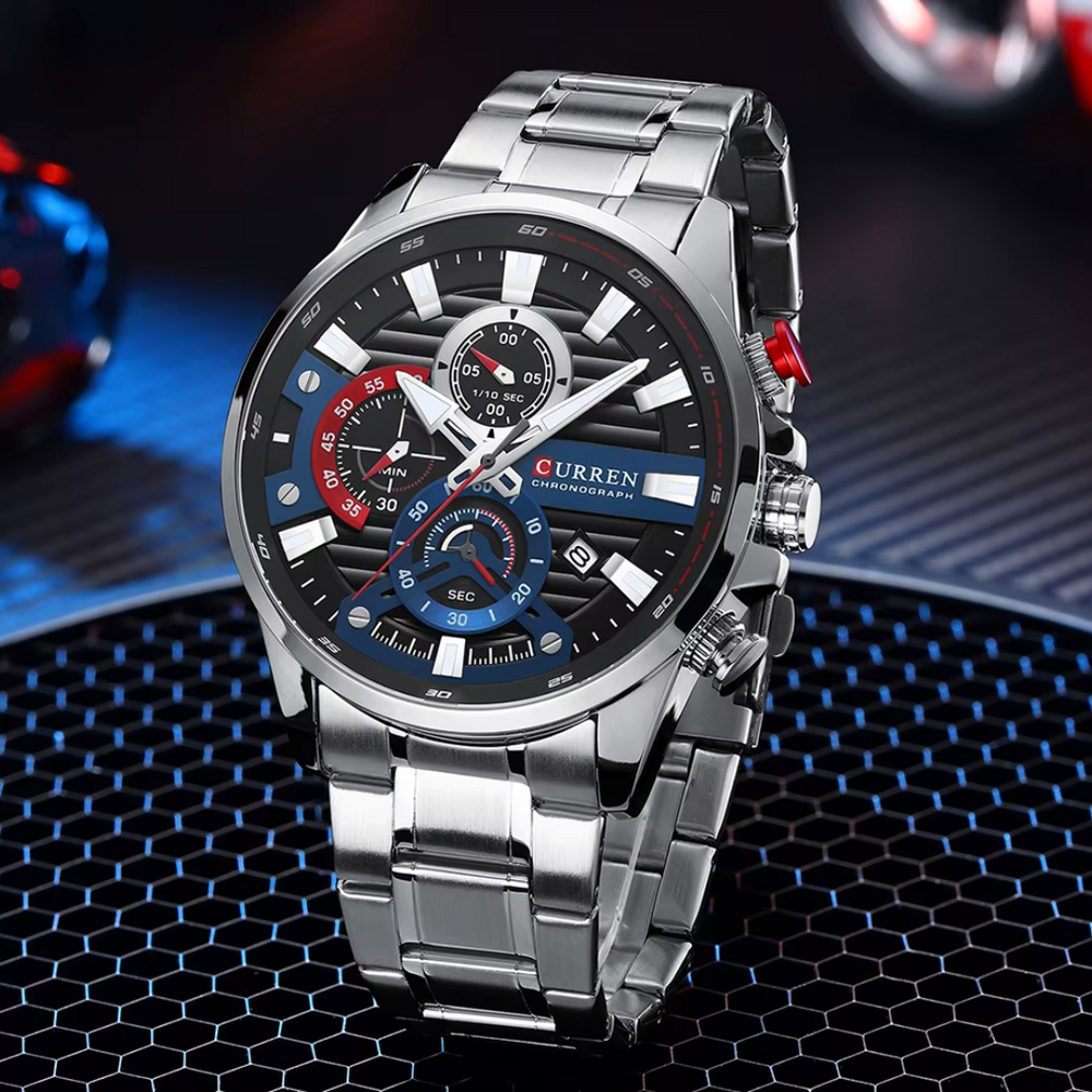 Relógio Curren Speed Masculino Cronógrafo Triplo Pro-Series em Aço Inoxidável