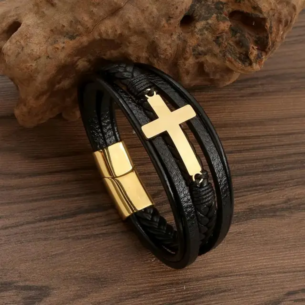 Pulseira Crucifixo em Couro