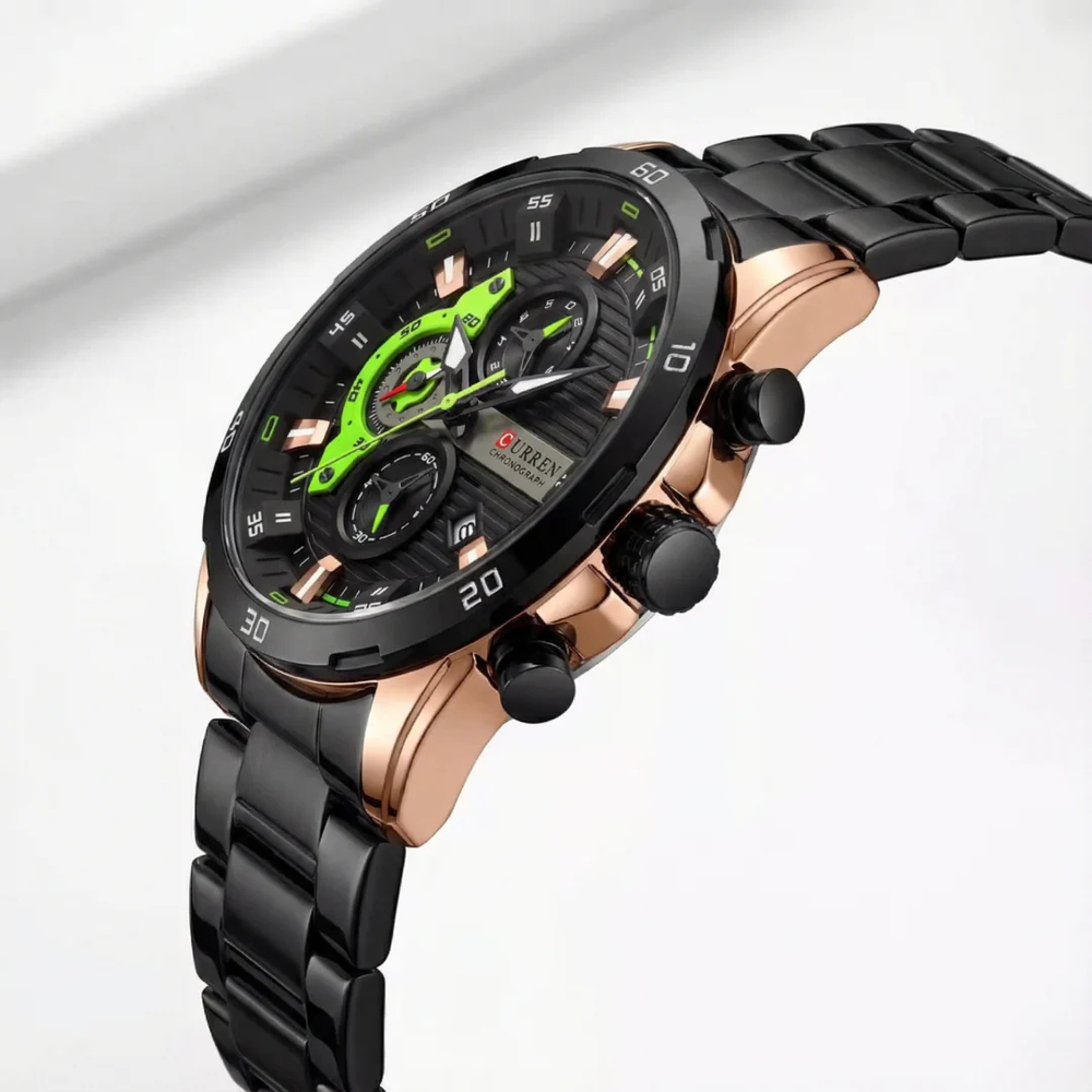 Relógio Curren Chrono Masculino Aço Polido Preto