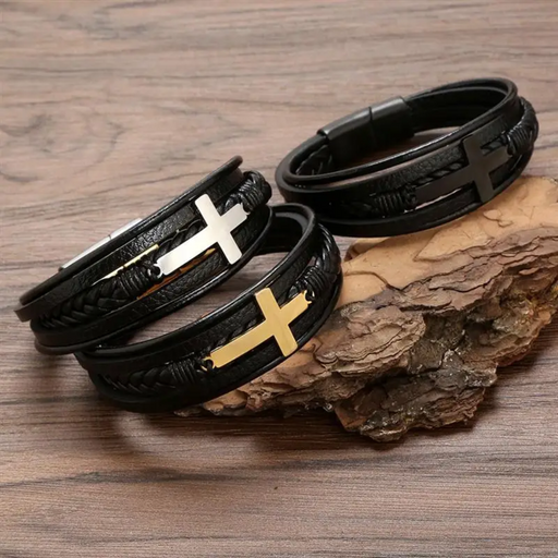 Pulseira Crucifixo em Couro