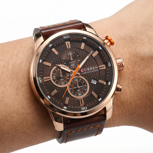 Relógio Curren Deluxe Masculino Couro Legítimo Dourado