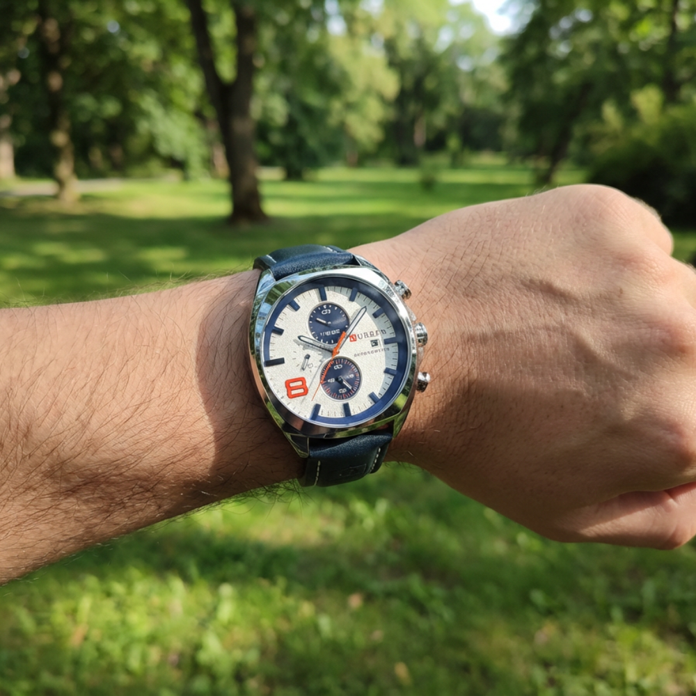 Curren Master Couro Legítimo Azul e Branco 44mm