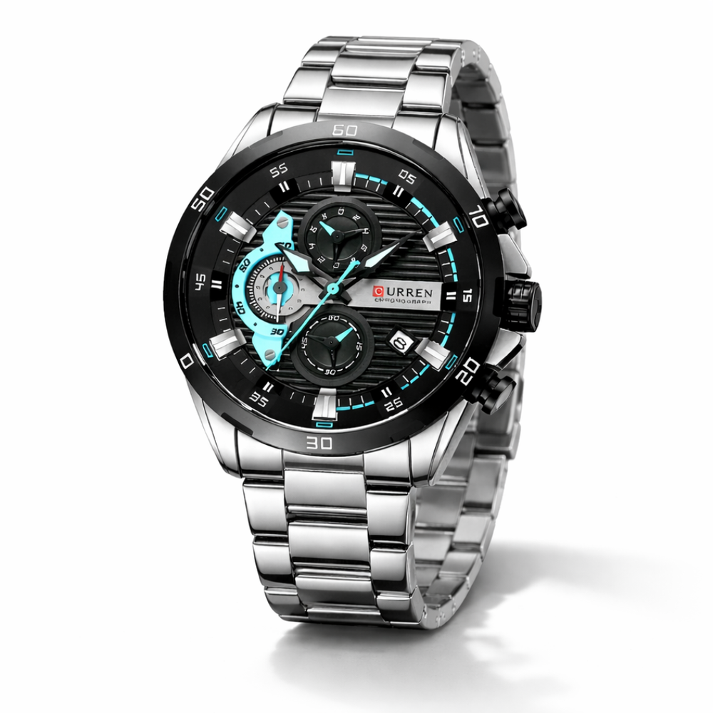 Relógio Curren Chrono Prata com Detalhe Azul